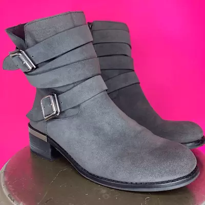 Vince Camuto Webey Gray Suede Wrap Strap Double Buckle Moto Boot Size 8.5M 39 • $38.97