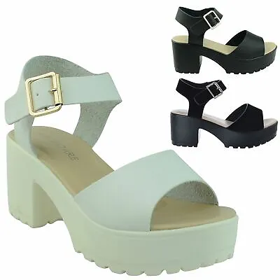 Womens Ladies Low Mid Block Heel Platform Summer Ankle Strap Sandals Shoes Size • £22.99