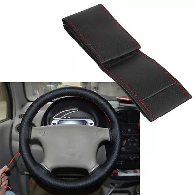 Black+Red PU Leather DIY Car Steering Wheel Cover 38cm With Needle And Thread S1 • £5.04