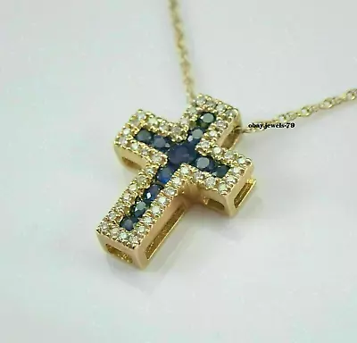 2Ct Lab-Created Blue Sapphire & Diamond Cross Pendant 14K Yellow Gold Plated • $107.09