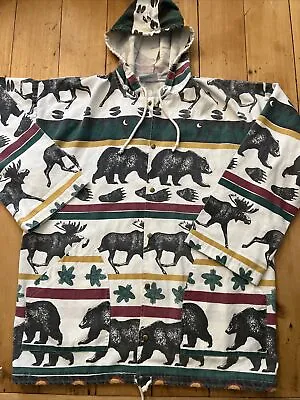 VTG Michigan Rag Co Jacket Bear Moose All Over Print Canvas Snap Up XL 2XL Hood • $89.95