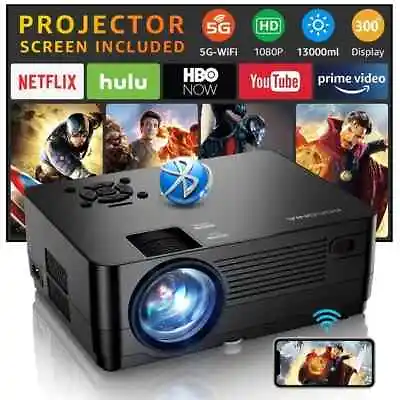 Roconia 5G WiFi Bluetooth Native 1080P 9800LM FHD 4k Movie Projector W/ Screen • $57.45