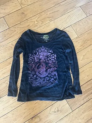 Eco Yoga Long Sleeve Semi-Sheer Black Purple Graphic Tee Top Large Sustainable • $14.99