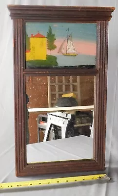 Eglomise Reverse Glass Painted Folk Art Wall Mirror Sailboat House 19th Century • $95