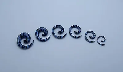 1 Pair 8g - 00g Blue And Black Zebra Acrylic Spiral Tapers  Choose Your Size  • $1.99