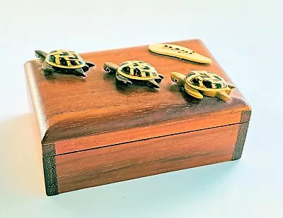 Maui Teak Wood Trinket Jewelry Hinged Box 3 Carved Turtles 4  X 2 3/4  C461 • $10.95