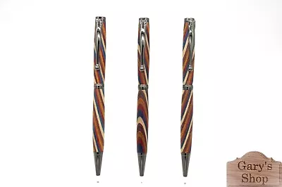 Slimline Ballpoint Pen With Layered Multi-Colored Diagonally Cut Wooden Barrels • $12.95