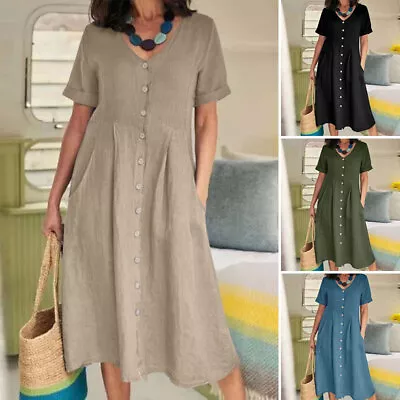 ZANZEA Womens Cotton Linen Short Sleeve A Line Sundress Holiday Beach Maxi Dress • $28.79