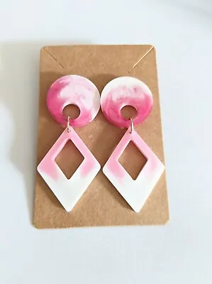 Handmade Resin Drop Earrings Pink White Vintage Style 60s Women Jewelery Gift  • £6.95