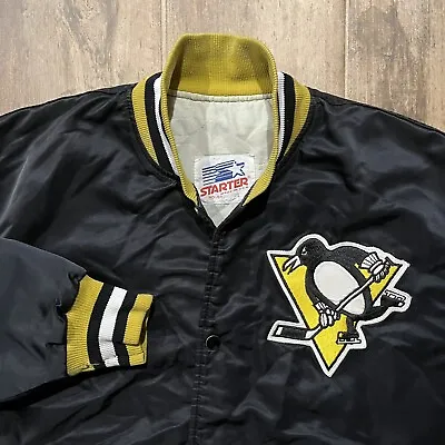 Vintage Made In USA 80s Pittsburgh Penguins NHL Satin Bomber Starter Jacket • $95