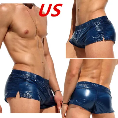 US Men Shiny Metallic Boxer Shorts Glossy Swimwear Low Rise Trunks Rave Clubwear • $6.25