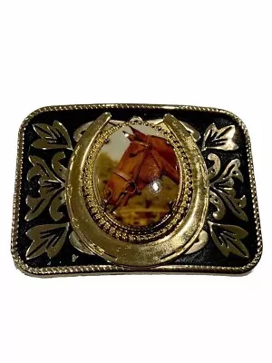 VINTAGE Western Chic Large Belt Buckle Black & Gold Filigree Rope Edge W/ Horse • $32.95