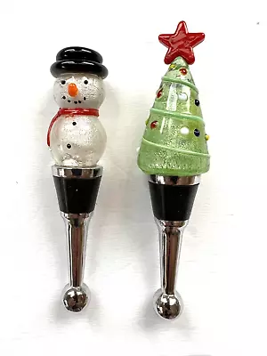 Wine Bottle Stoppers Snowman Holiday Christmas Tree 4.5  Blown Glass Lot Of 2 • £9.63
