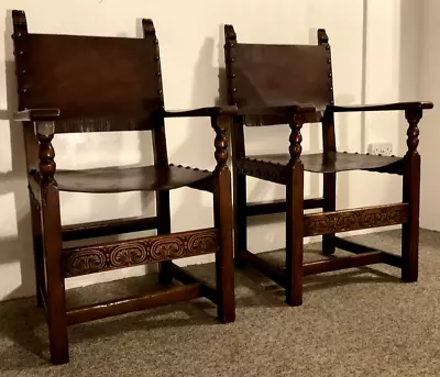 A Pair Antique Carver Chairs Leather Studs Solid Sturdy Great Condition Delivery • £249