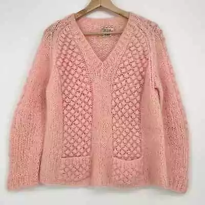 Vintage Lerner Shops Wool Mohair Sweater Sz M Pink V Neck Chunky Hand Knit Italy • $38