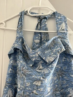 £16 • Buy Laura Ashley Dress Blue & White Halter Neck Vintage Vibe Sail Boats Pockets 12