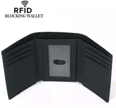 $16.95 • Buy Mens Trifold Wallet RFID Black Slim Leather Credit Card Holder New Tri-Fold 