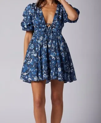 Joie Dress Sz M Lucia Blue Floral Mini Deep V-neck Cotton Pockets New • $105