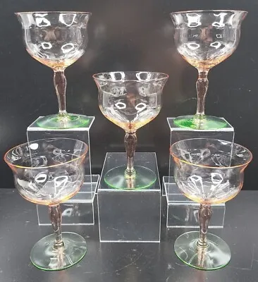 5 Watermelon Pink Green Vaseline Optic 5 3/8  Wine Glass Set Vintage Barware Lot • $129.67