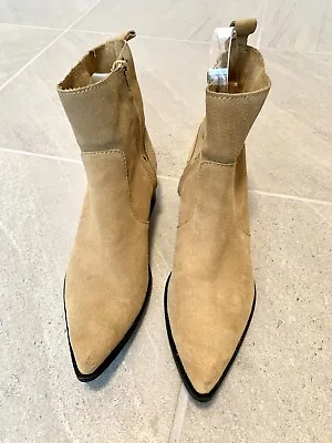 Zara Beige Split Suede Cowboy Ankle Tan Boots Size 8/39 • $35