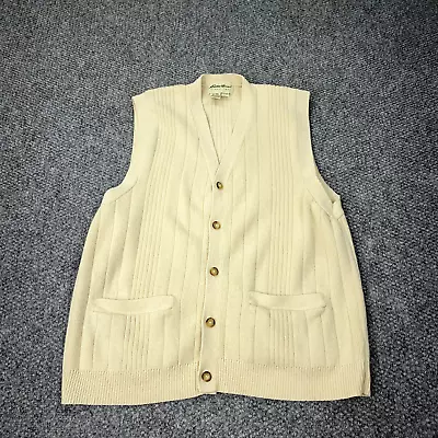 Vintage Eddie Bauer Sweater Vest Cardigan Mens Medium Beige Ribbed Knit • $29.95