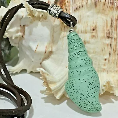 Lge Green Lava Sea Shell Aromatherapy Diffuser Necklace Essential Oil - Leather • $13.95