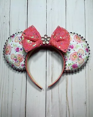 Spring Floral Mickey Flowers And Coral Bow Handmade Mouse Ear Headband • $30