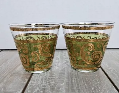 Set Of 2 Vintage CULVER PRADO Green 22K GOLD Low Ball Whiskey Barware Glasses • $24.97