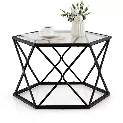 Coffee Table Geometric Glass Modern W/Tempered Glass Top & Metal Legs • $69.95