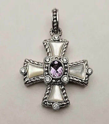 JUDITH RIPKA Sterling Silver Mother Of Pearl Amethyst & CZ  Cross Pendant 2  • $69