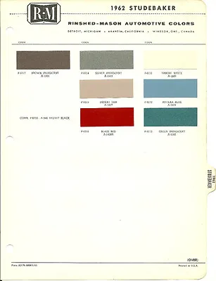 Vintage 1962 STUDEBAKER Color Chip Paint Sample Brochure/Chart: R-M RM • $6.99