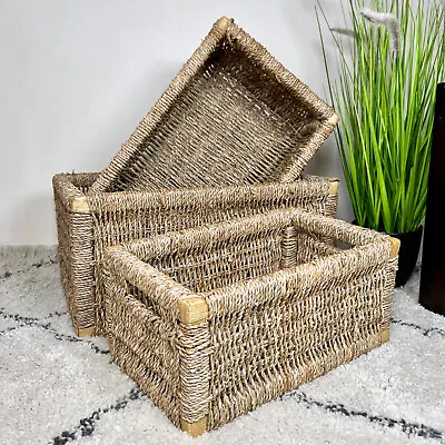 £16.99 • Buy Seagrass Storage Baskets Rectangular Woven Bathroom Kitchen Wicker Hampers Gift 
