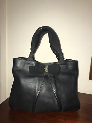 Salvatore Ferragamo:Black Calf Leather  Vara Bow  & Logo Medium Tote Bag • $720
