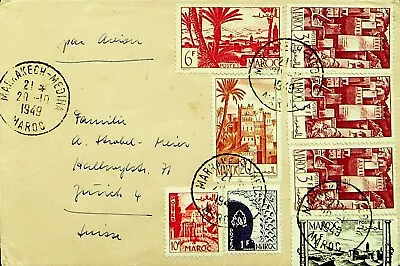 MOROCCO 1949 POST WWII ARCHITECTURE 8v ON AIRMAIL COVER TO ZURICH SWITZERLAND • $1.49