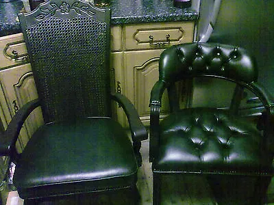 Carver Chair In Brand New Green Leather Seat With Bergere Back & Dark Wood Frame • £235