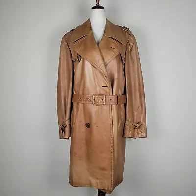 Vintage Cortefiel Coat Mens 40 Brown Leather Trench Double Breasted Long 70s • $85