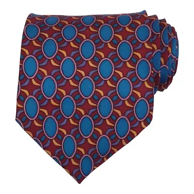 Vintage Spencer Lowe Mens Designer Tie 100% Silk Print Burgundy Blue Necktie USA • $15.19