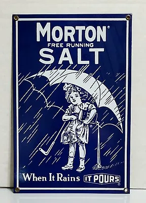 MORTON SALT Porcelain Enamel Sign By Ande Rooney 8 X 12   • $29.90