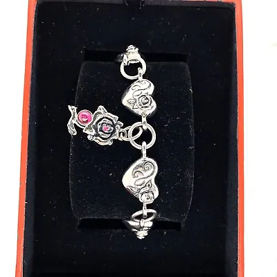 Authentic Ed Hardy Heart & Rose Charm Stainless Steel Bracelet 8.5” • $49