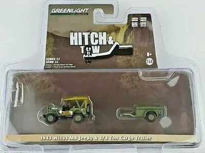 1:64 GreenLight 1943 Willys MB Jeep W/ 1/4 Ton Cargo Trailer Hitch & Tow 22 • $11.99