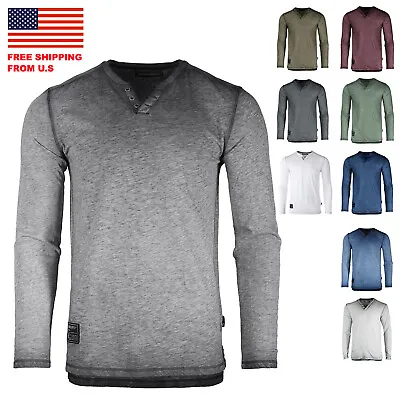 ZIMEGO Mens Long Sleeve V-Neck Henley Oil Wash Vintage Shirt • $17.55