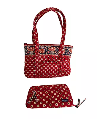 Vera Bradley Americana Tote Bag Purse Red Blue Paisley With Wallet Full Zip Wash • $36.95