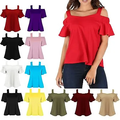 Womens Ladies Cold Cut Off Shoulder Wide Strappy Bardot Peplum Sleeve Swing Top • £8.99