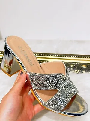 New Womens Ladies Diamante Mid Heel Slip On Party Wedding Evening Sandal Shoes • £14.24