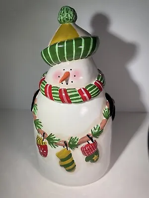 Oneida Porcelain Christmas COOKIE JAR Snowman With Mittens Hat & Scarf 12  Tall • $25.99