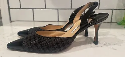 $695 MANOLO BLAHNIK Carolyne Tweed Pointy Slingback Heel Pump Shoes 40 Classic! • $62