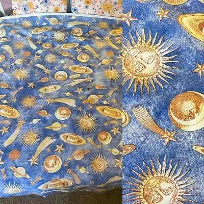 Vtg Sun Moon Stars Planets Celestial Blue Gold Fleece Blanket Fabric 80 X 70 Y2K • $47.99