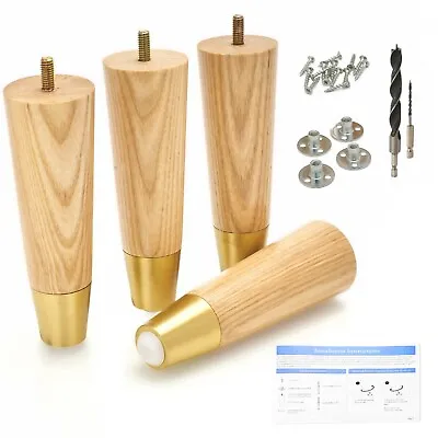 Furniture Legs Set Of 4 Premium 4 / 6 / 8 Inch Ash Wood Gold Feet Replacement • $35.97