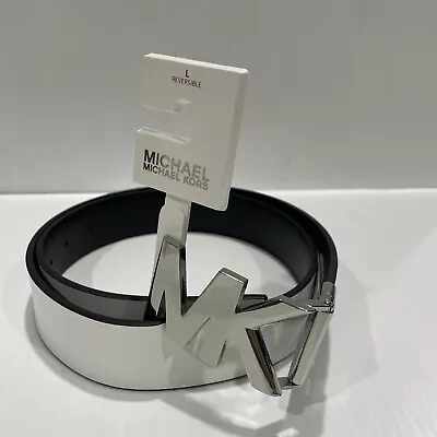 New MICHAEL KORS Twist Reversible WHITE /BLACK Belt Silver Buckle Size LARGE • $39