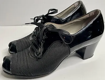 Vtg 40's Oxfords Black Mesh Lace-up Slingback Peep Toe Midi Heel Shoes*6-6.5 • $102.75